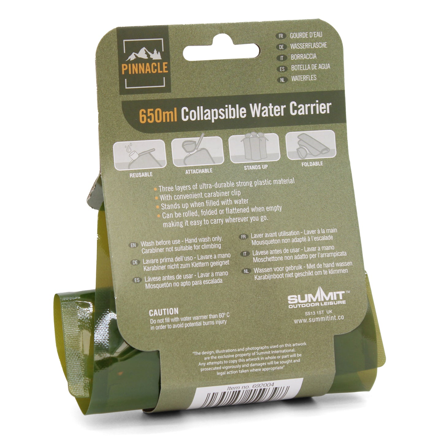 Pinnacle Collapsible Water Bottle Back of Packaging