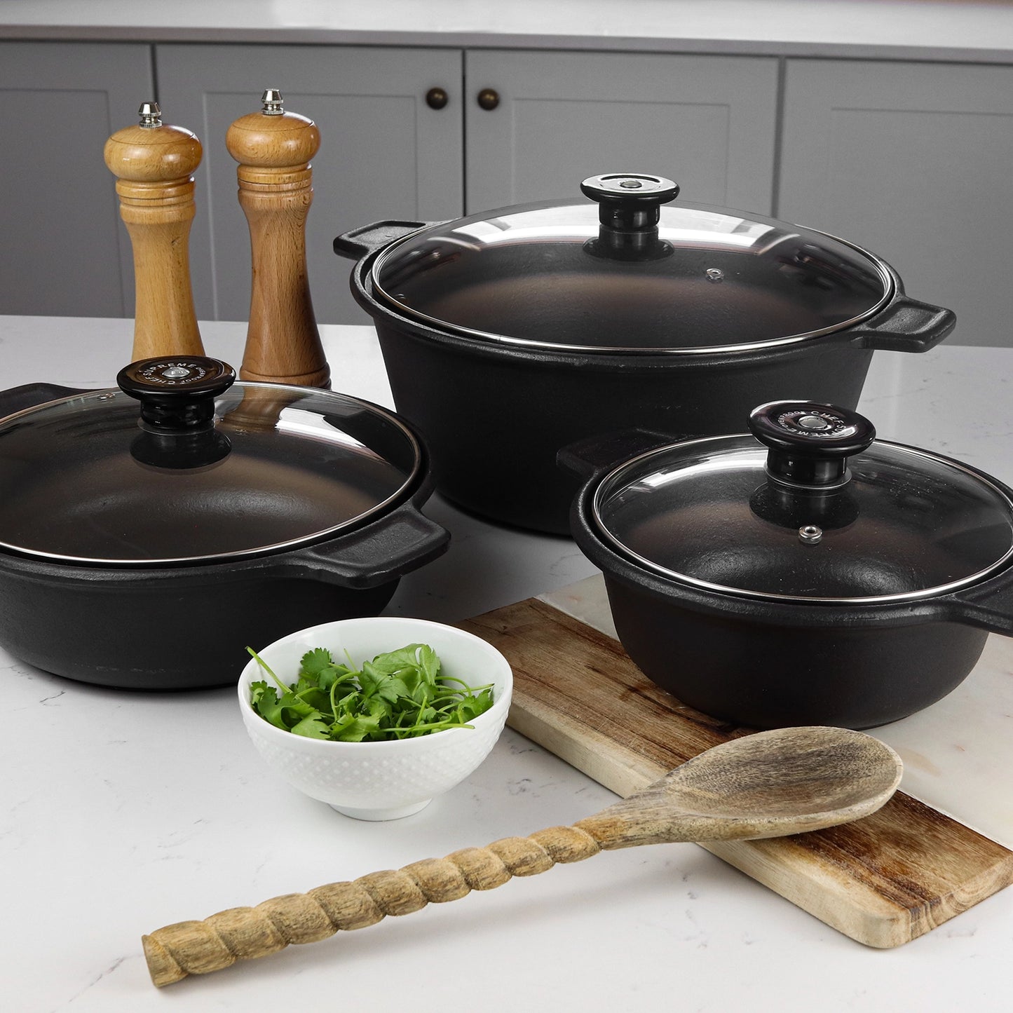 3 Piece Cast Iron Casserole Dish Set with Glass Lids