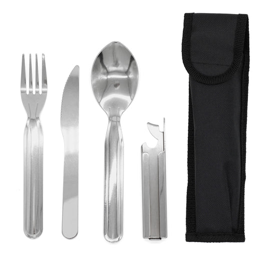 5 Piece Cutlery Set Includes Fork, Knife, Spoon and Can Opener Inside a Carry Pouch