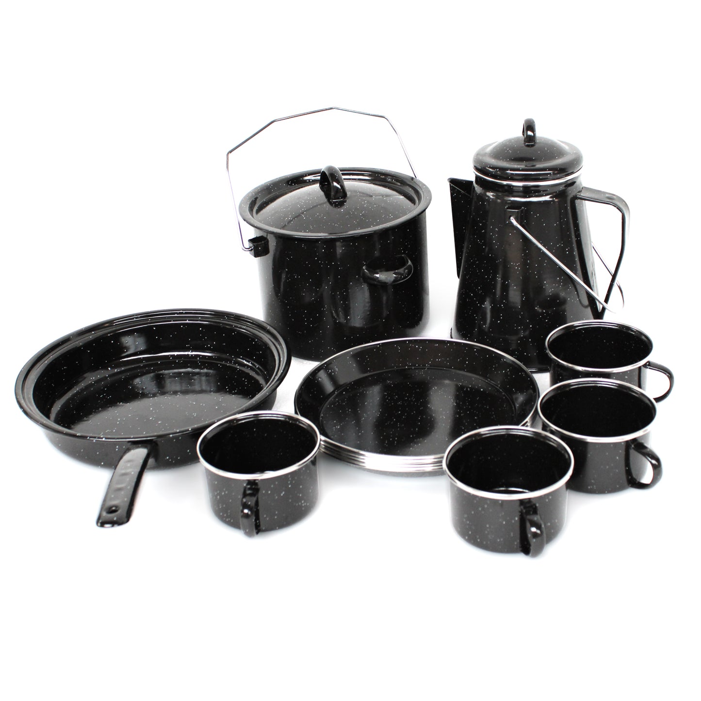 11pc camping set with kettle, pans, pots, plates and cups