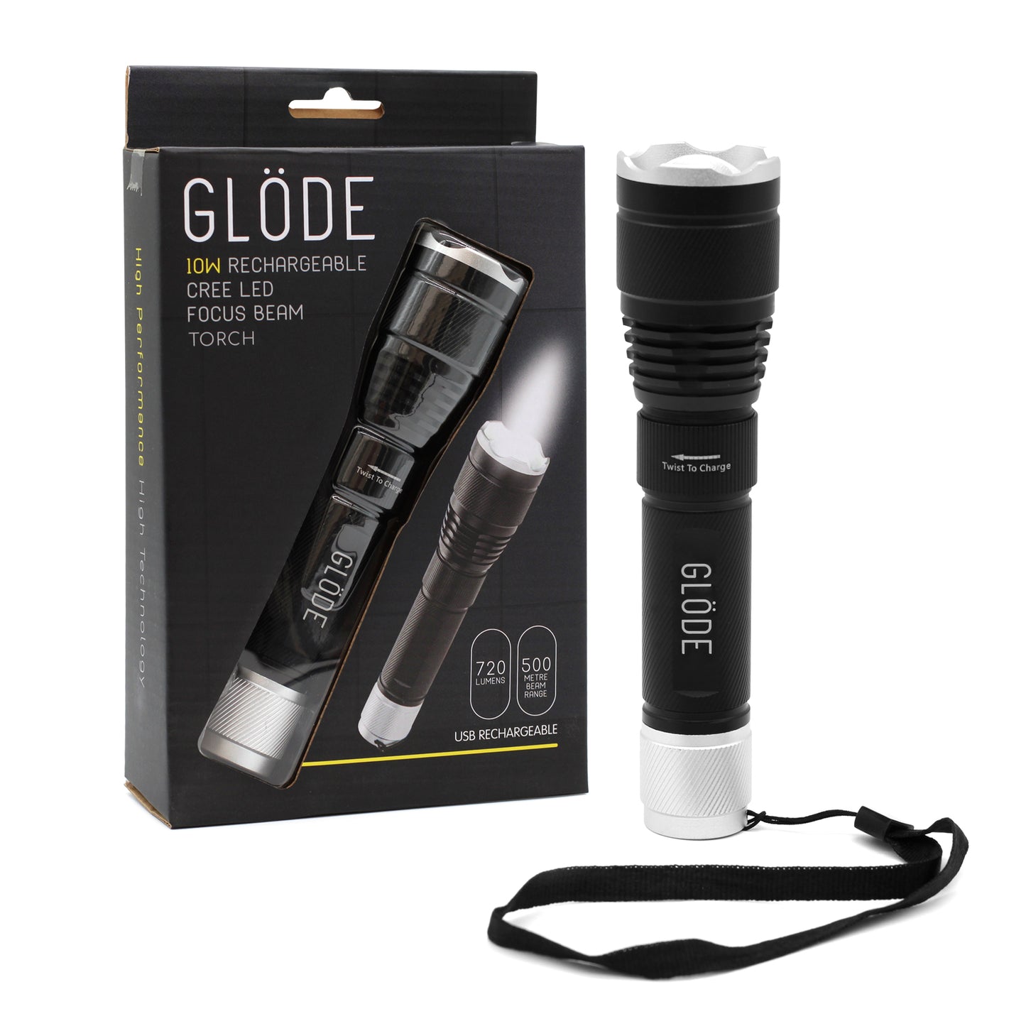 Glode Flashlight Rechargeable Cree LED Focus Beam Torch and Box
