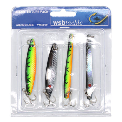 Assorted Fishing Lures with Barbed Treble Hooks for Sea Fishing in a blister pack of 4