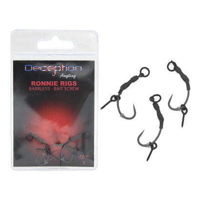 Deception Angling Barbless Ronnie Rig Fishing Hooks with Bait Screw Pack of 3