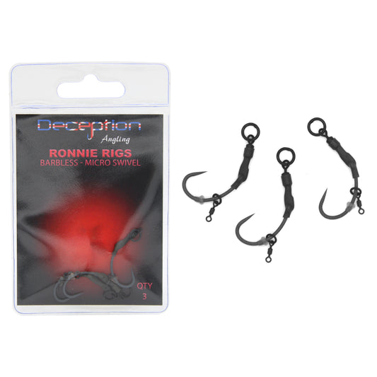 Deception Angling Barbless Ronnie Rig Fishing Hooks with Micro Swivel Pack of 3