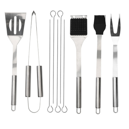 BBQ tool set including spatula tongs, fork, cleaning brush and skewers
