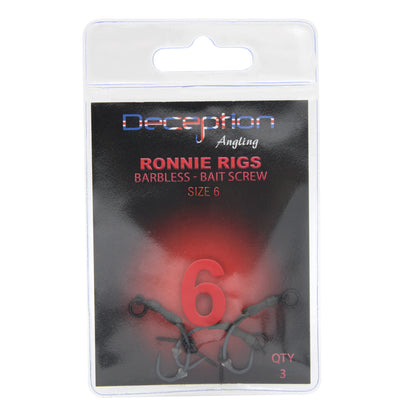 Deception Angling Barbless Ronnie Rig Fishing Hooks with Bait Screw Pack of 3 Size 6